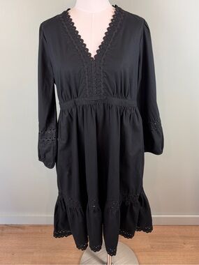 J. Crew Black V-Neck Eyelet-trim midi dress in cotton poplin Cottagecore size LP